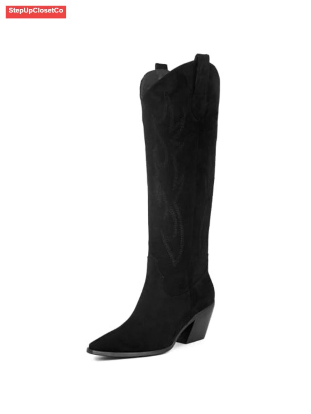 Knee High Cowboy Boots Women Pointed Toe Block Heel Faux Suede Embroidered